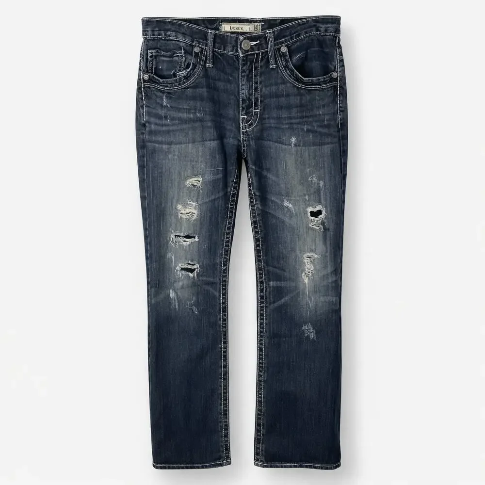 BKE Derek Jeans Mens 30x30 Straight Leg Distressed Medium Wash Denim Buckle